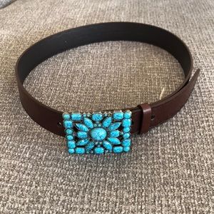 Brown leather belt with faux turquoise detail buckle